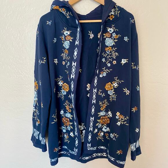 Driftwood Shelly Cardigan Womens Sz Medium Embroidered Floral Open Front Hooded - Picture 2 of 6